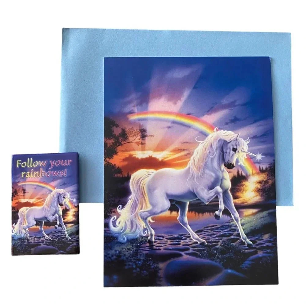 RAINBOW UNICORN Steve Read VTG Greeting Card & Magnet Leanin Tree Combo Pack NOS